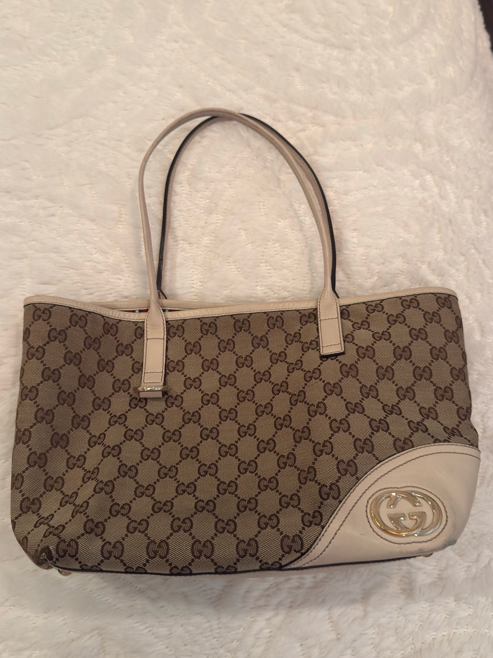 Gucci Beige GG Canvas Tote Bag with Leather Trim